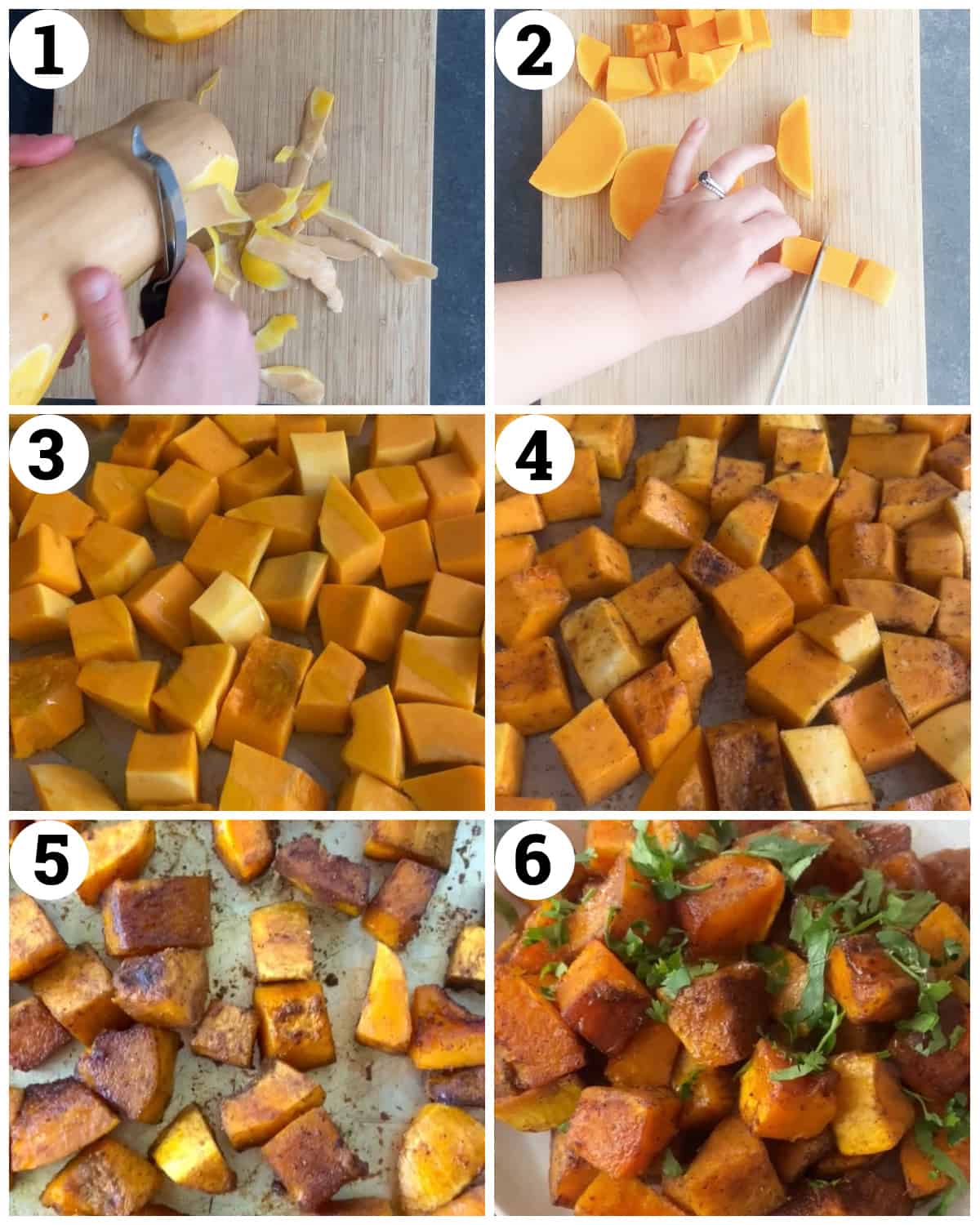 Peel, slice and cut the butternut squash into cubes then toss with olive oil and spices and roast in the oven. 