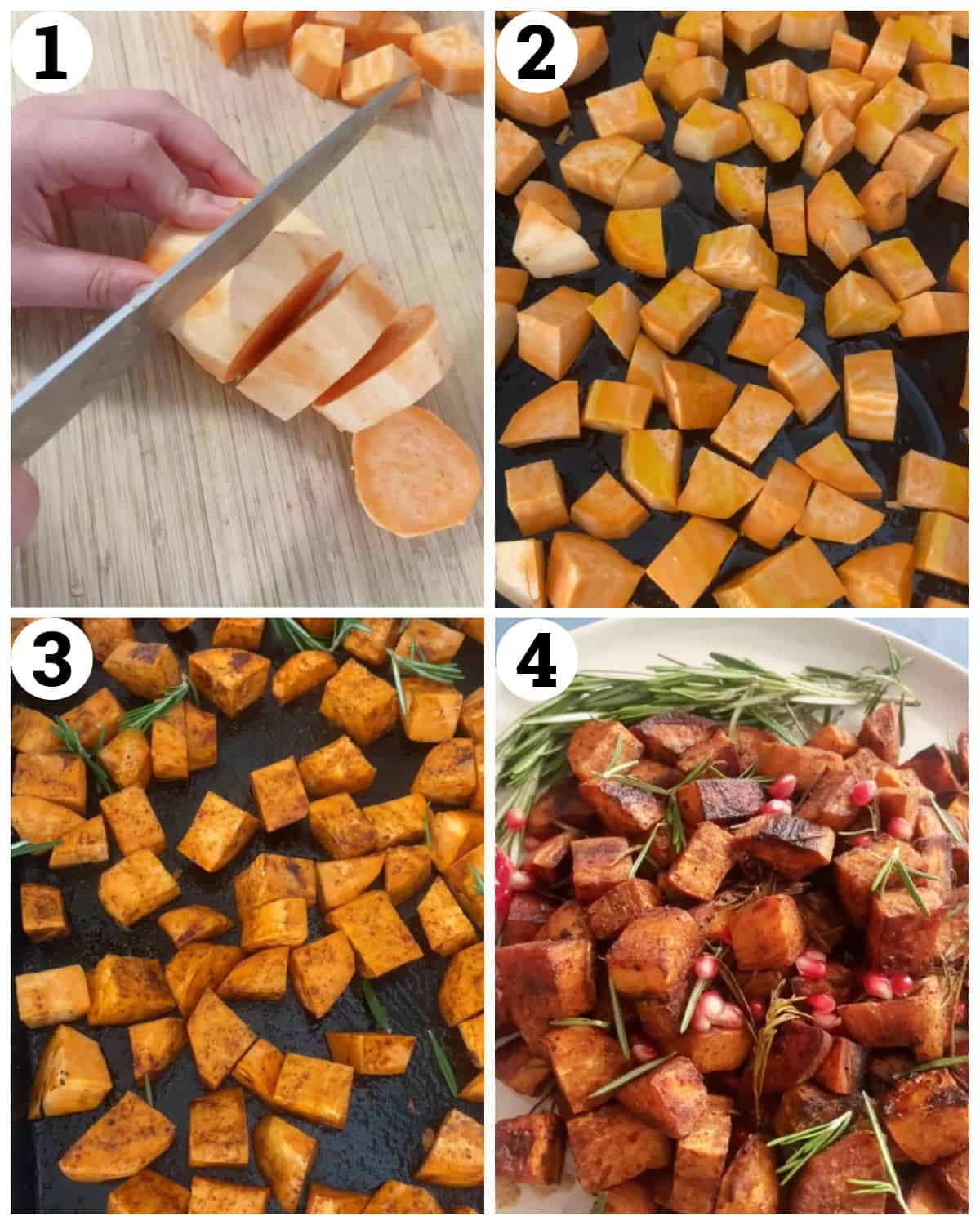 cut the potatoes into cubes then toss with olive oil and spices and roast in the oven. 