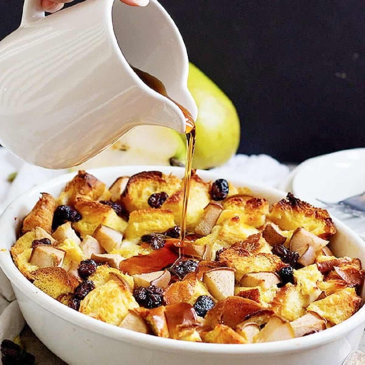 Nothing beats a delicious Challah Bread Pudding for breakfast or brunch! Soft Challah bread mixed with pears and raisins with a touch of cardamom brings a feast of flavors to your table!
