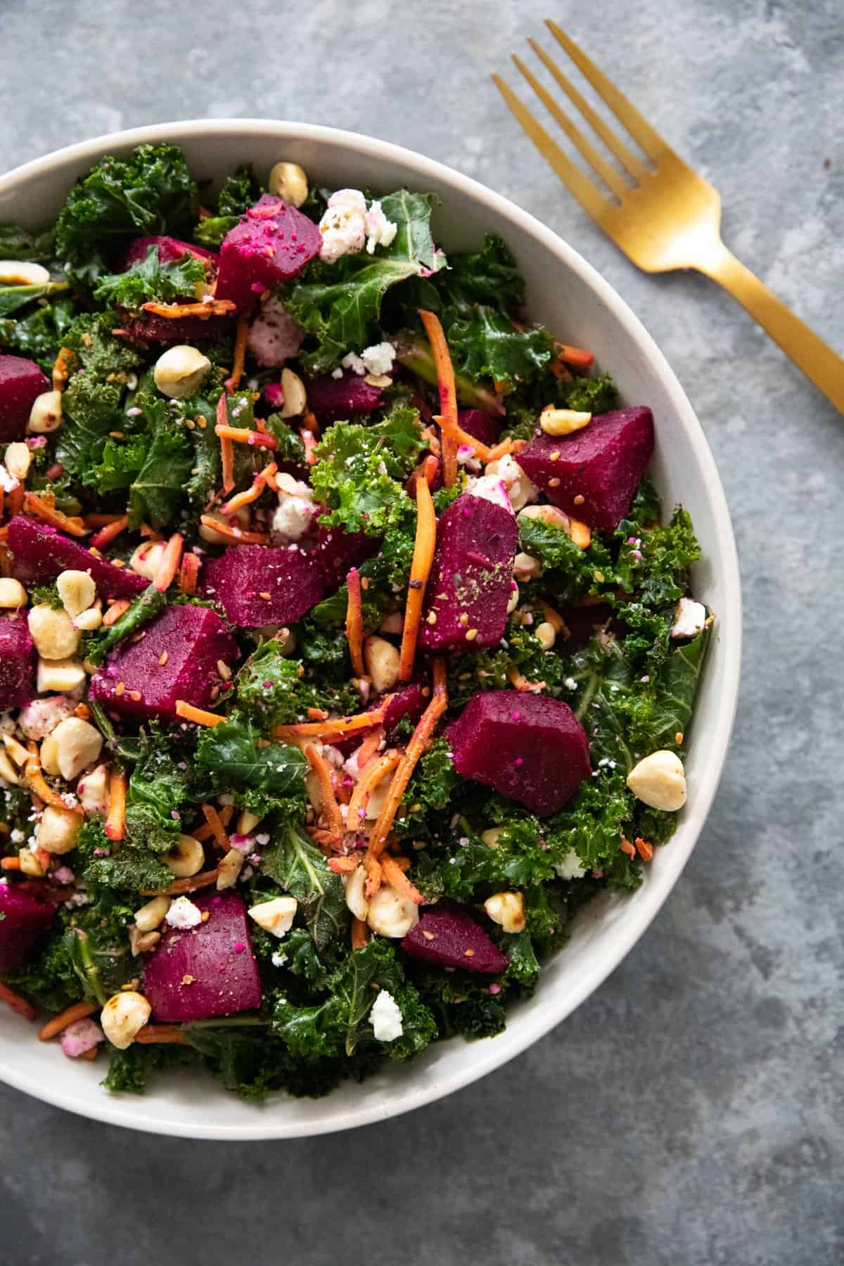 overhead shot of beet salad with feta.