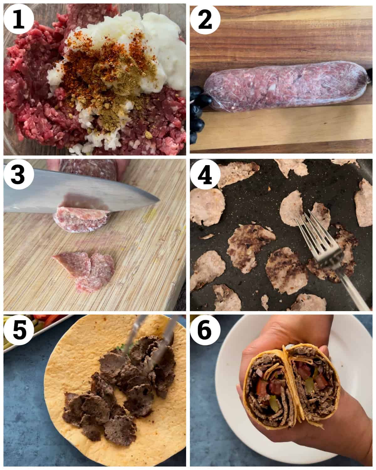 mix the meat with the onion and spices then roll and freeze. Slice, cook and make the wraps. 