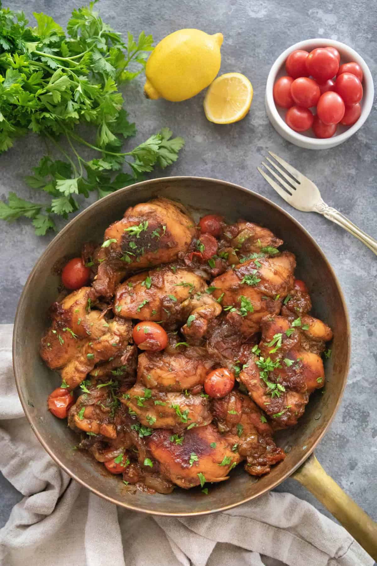 balsamic chicken in a pan. 