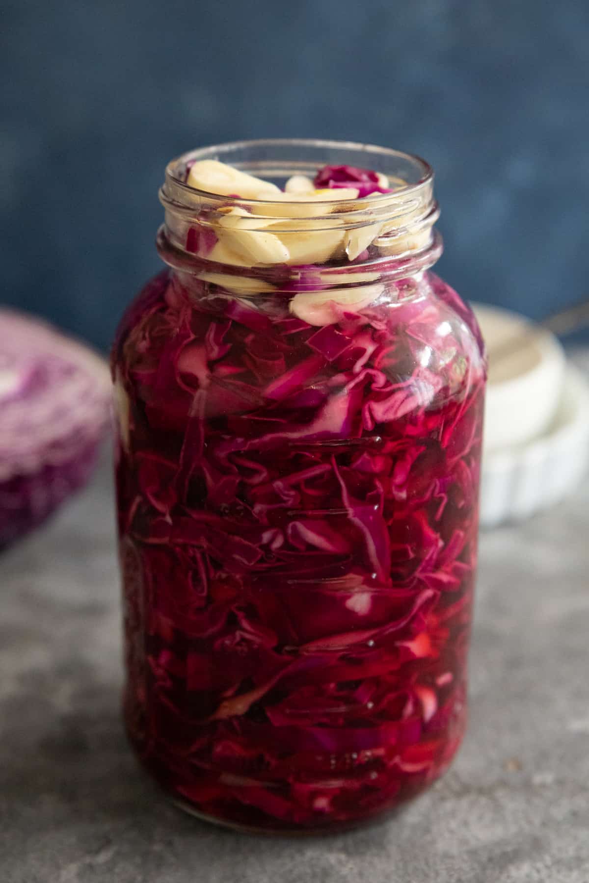 red cabbage pickles with garlic in the jar. 