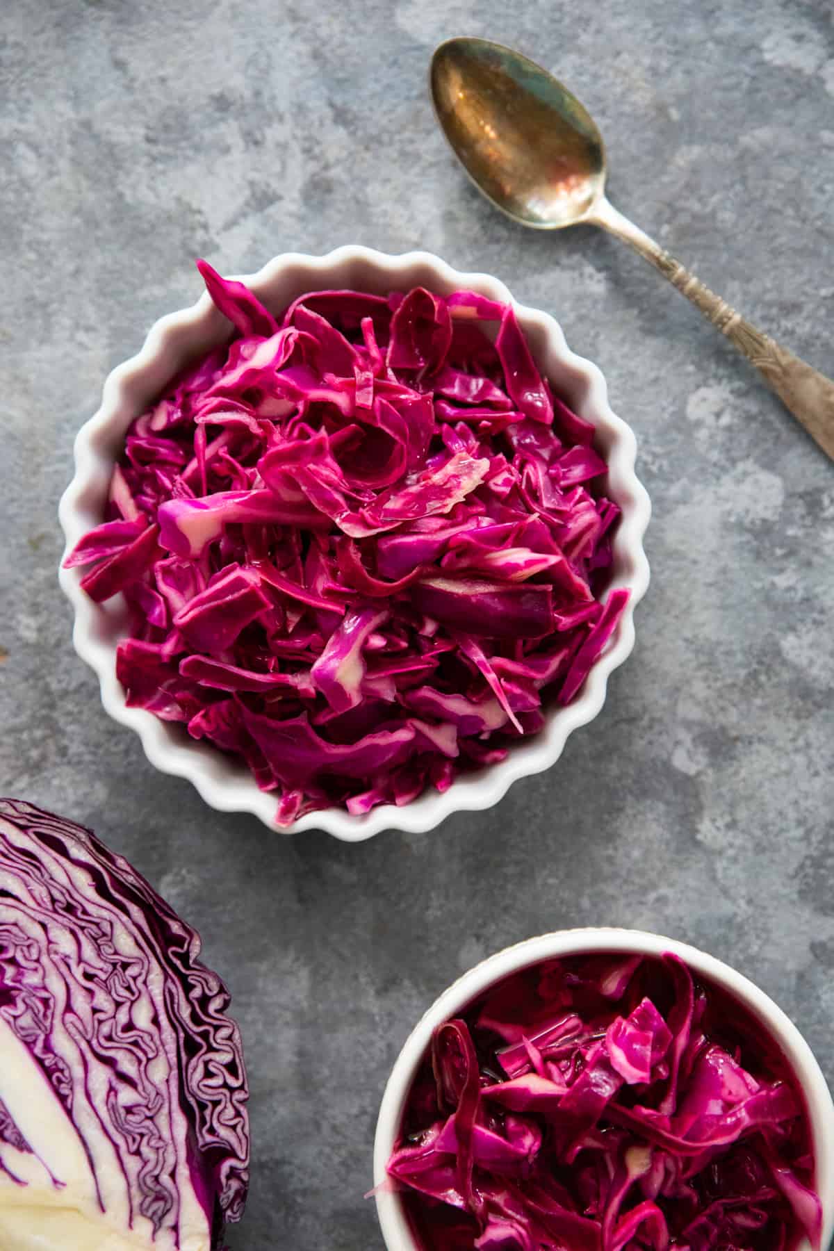 overhead shot of the pickled red cabbage in 2 bowls.