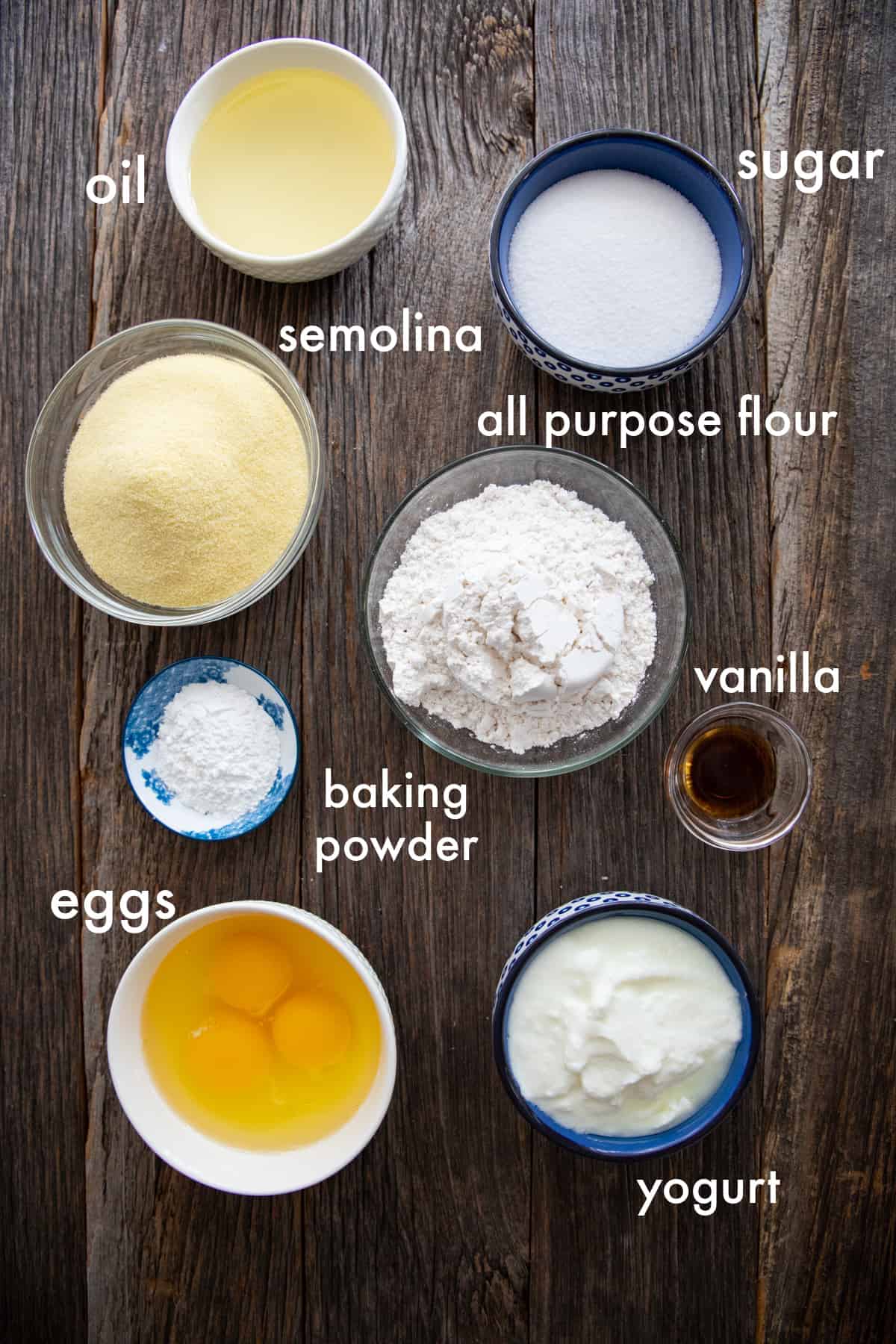 to make this recipe you need sugar, semolina, flour, eggs, yogurt, baking powder and salt. 