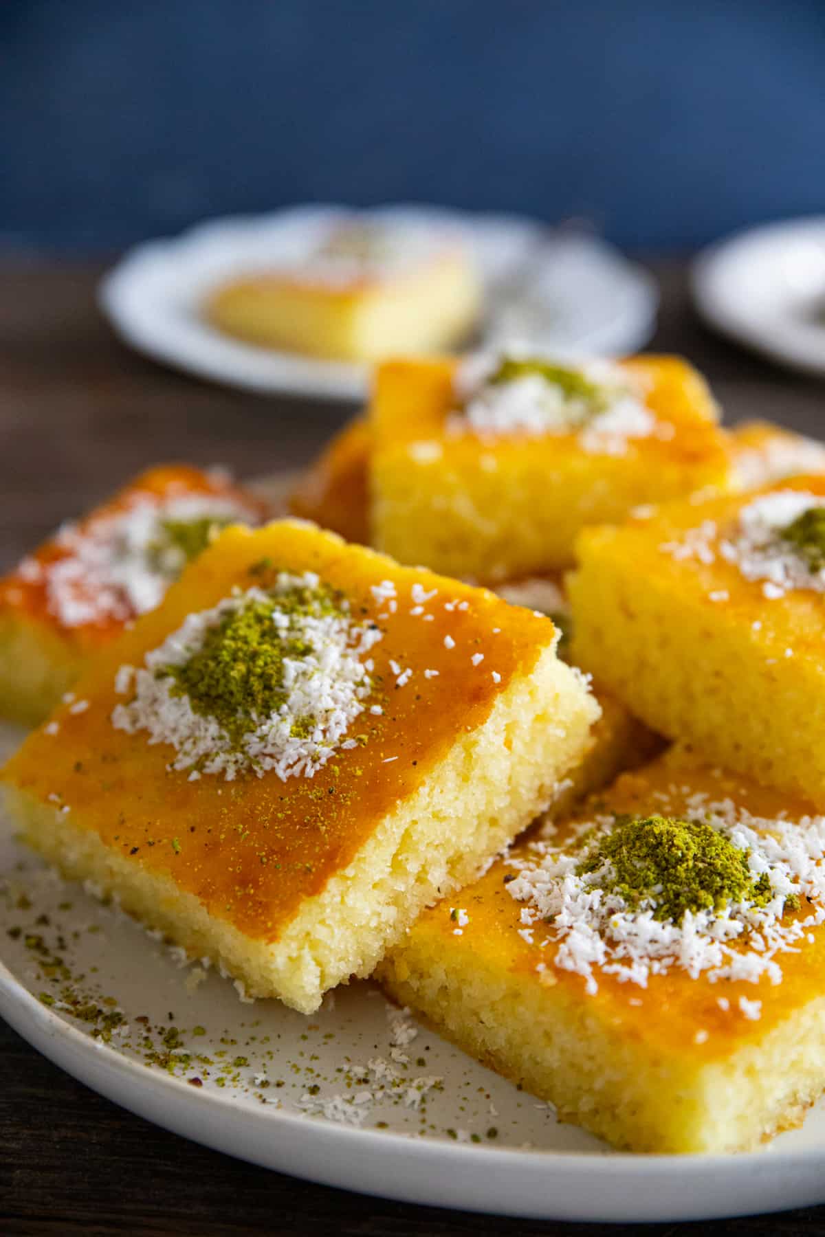 front shot of revani cake slices.