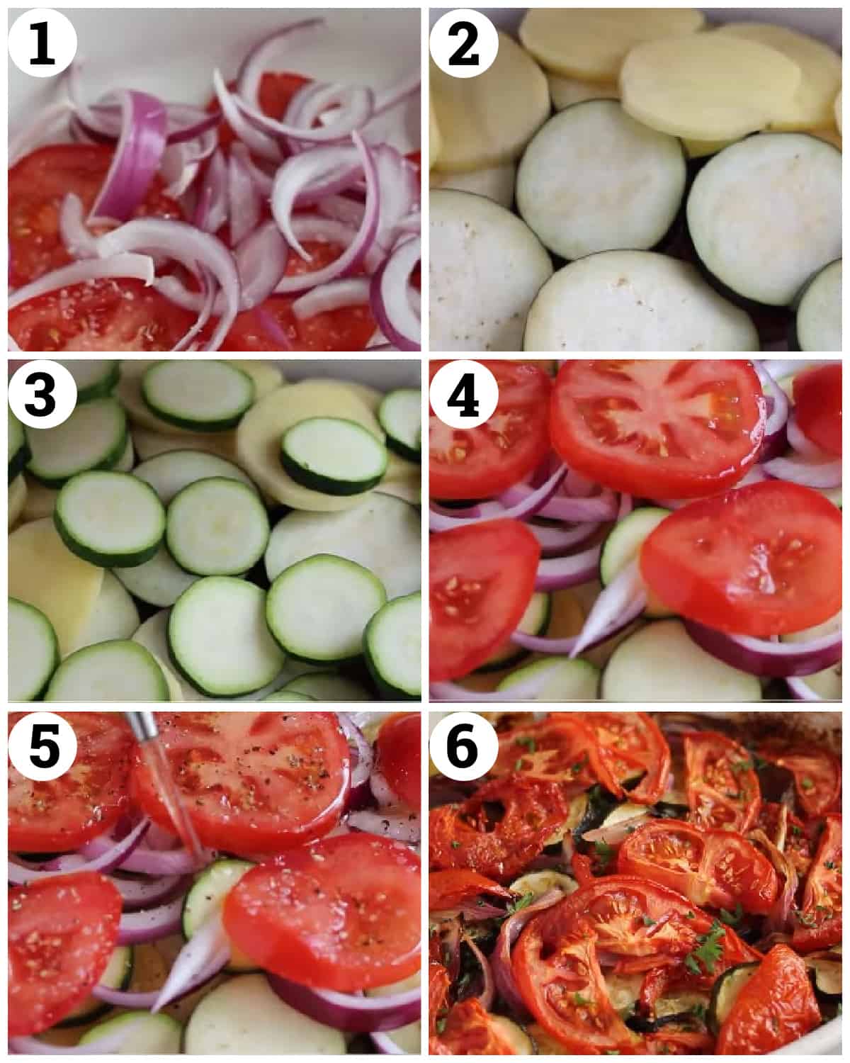 layer the vegetables and top with spices and olive oil then bake in the oven until the vegetables are tender. 