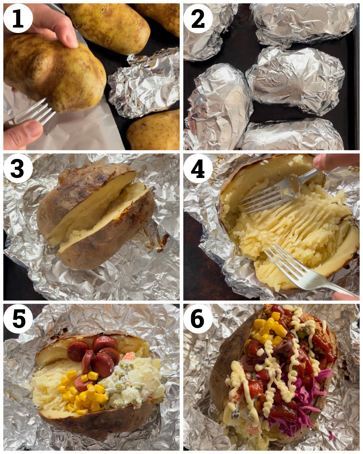 poke the potatoes and wrpa them in aluminum foil. Bake them in the oven until tender and cut open. Fluff with cheese and butter then top with your favorite toppings.