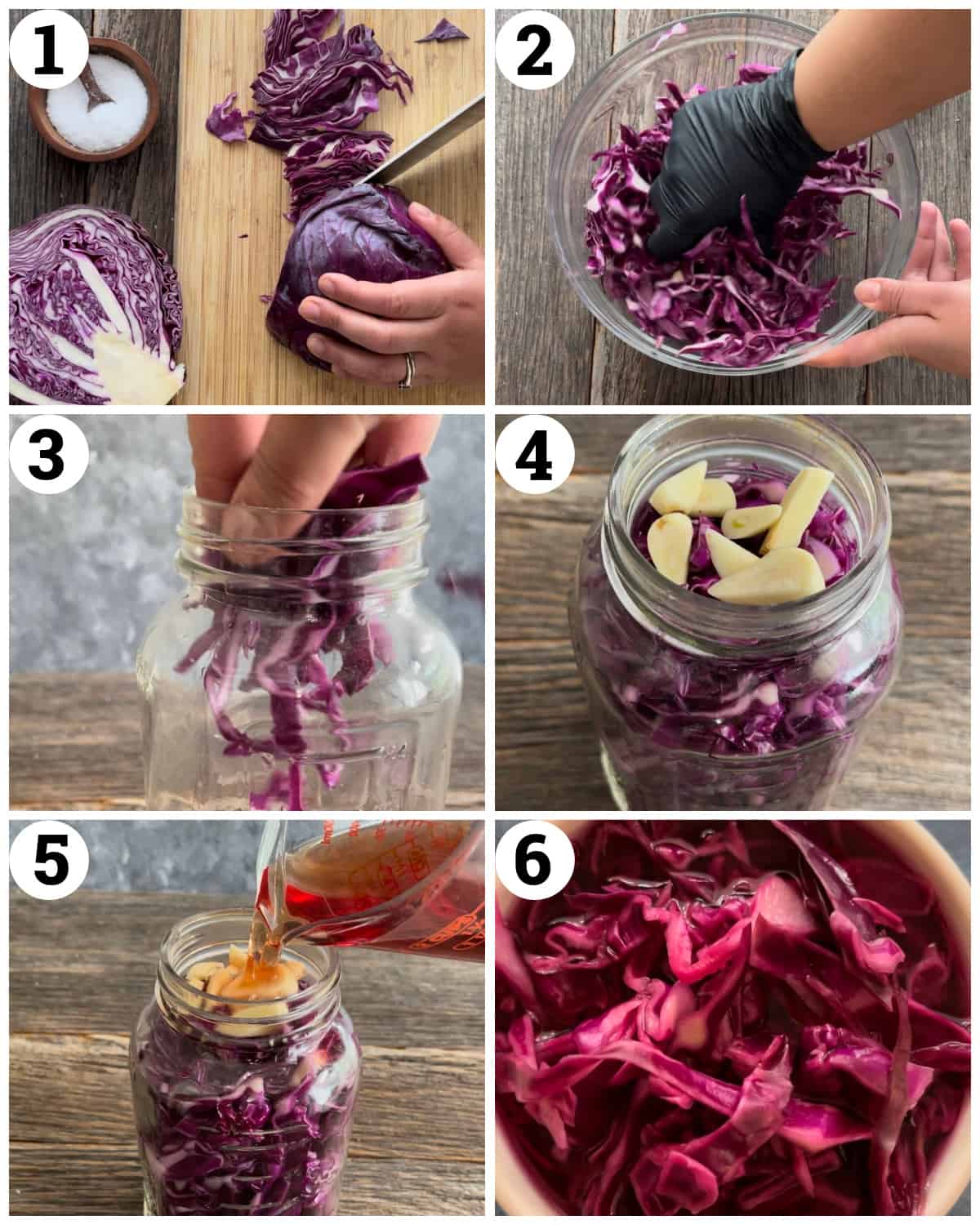 slice the cabbage and massage with the salt then add to a jar and top with vinegar and water. 