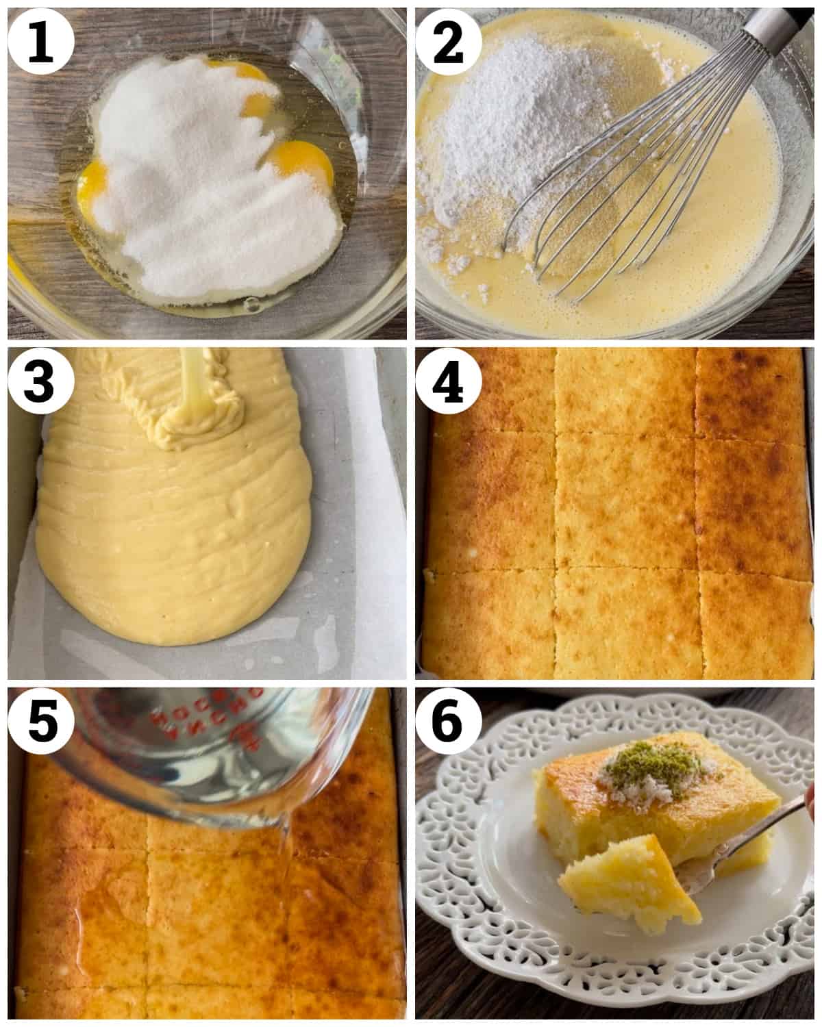 mix the eggs with sugar and oil then add the dry ingredients. Bake in the oven and pour the syrup on the cake. 