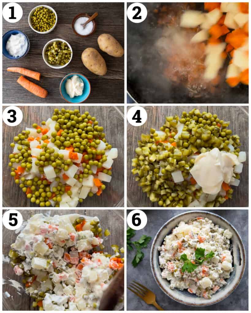 cook the potatoes and carrots then mix with the peas, pickles, mayo, yogurt and salt.