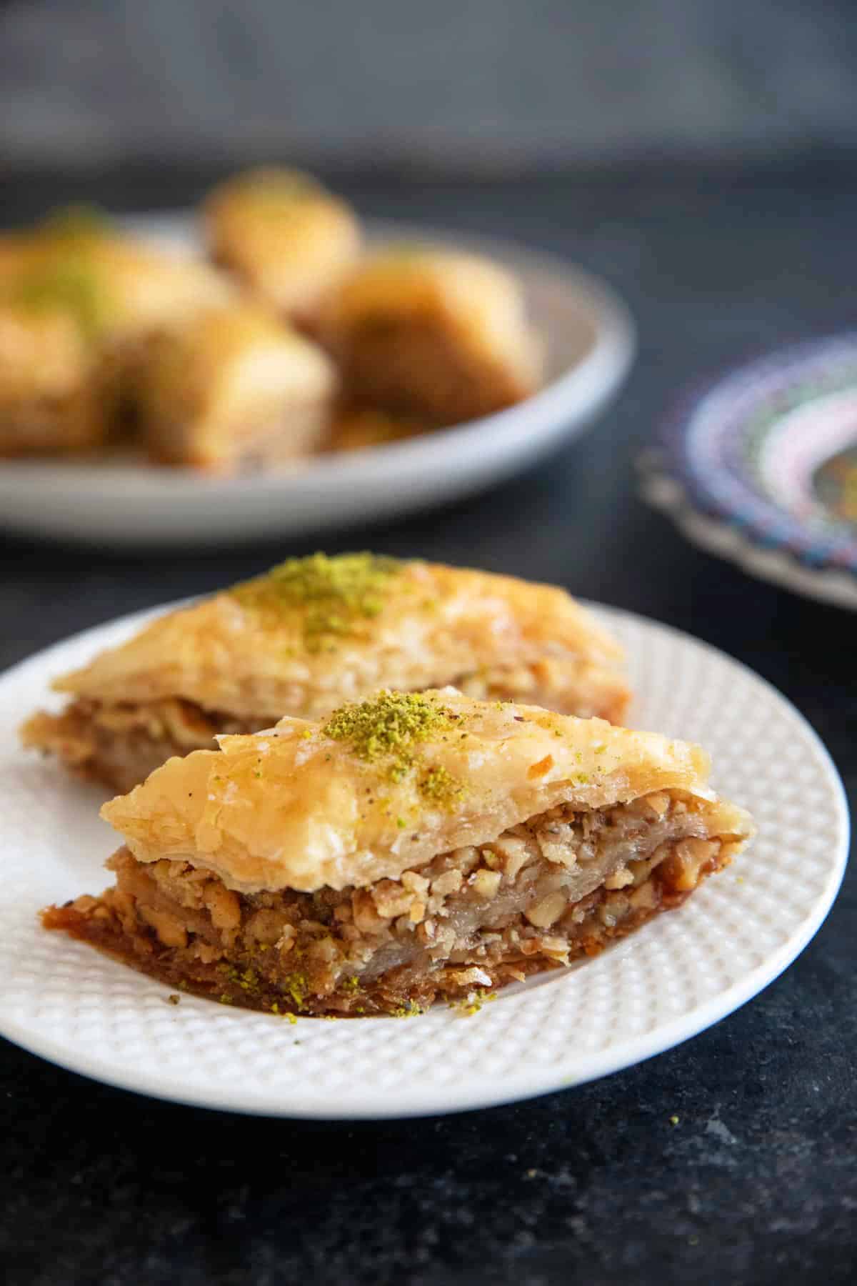 front shot of baklava on a white plate.