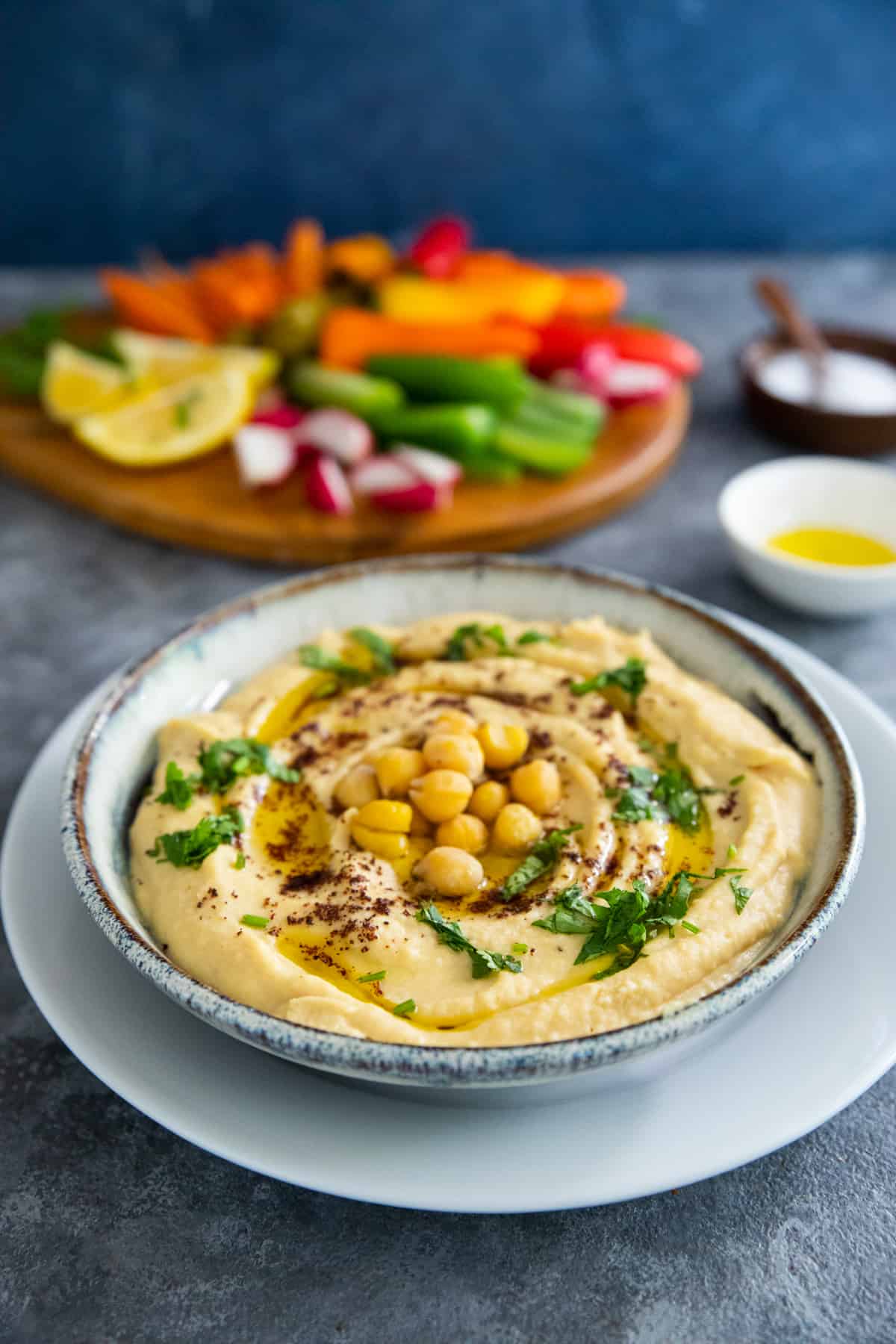 Front shot of roasted garlic hummus. 