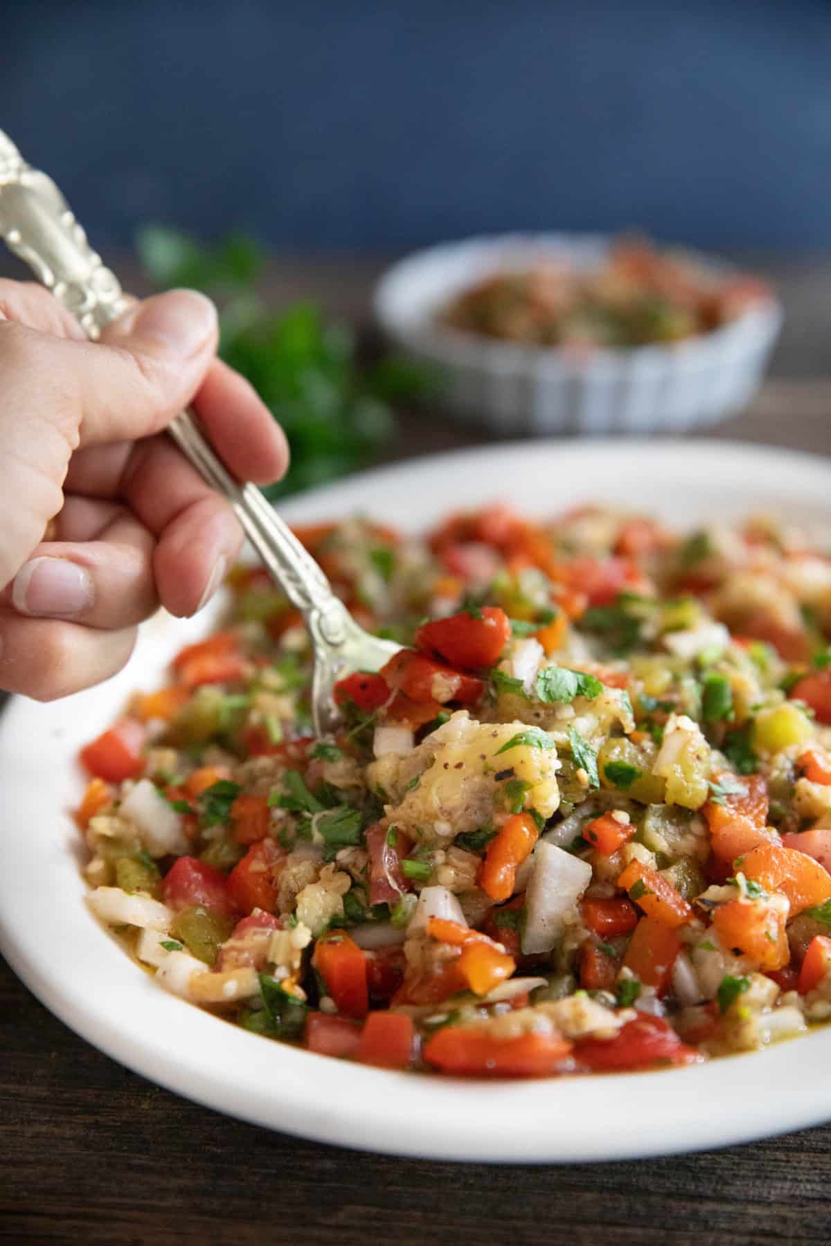 a spoon grabbing some salad from the plate.