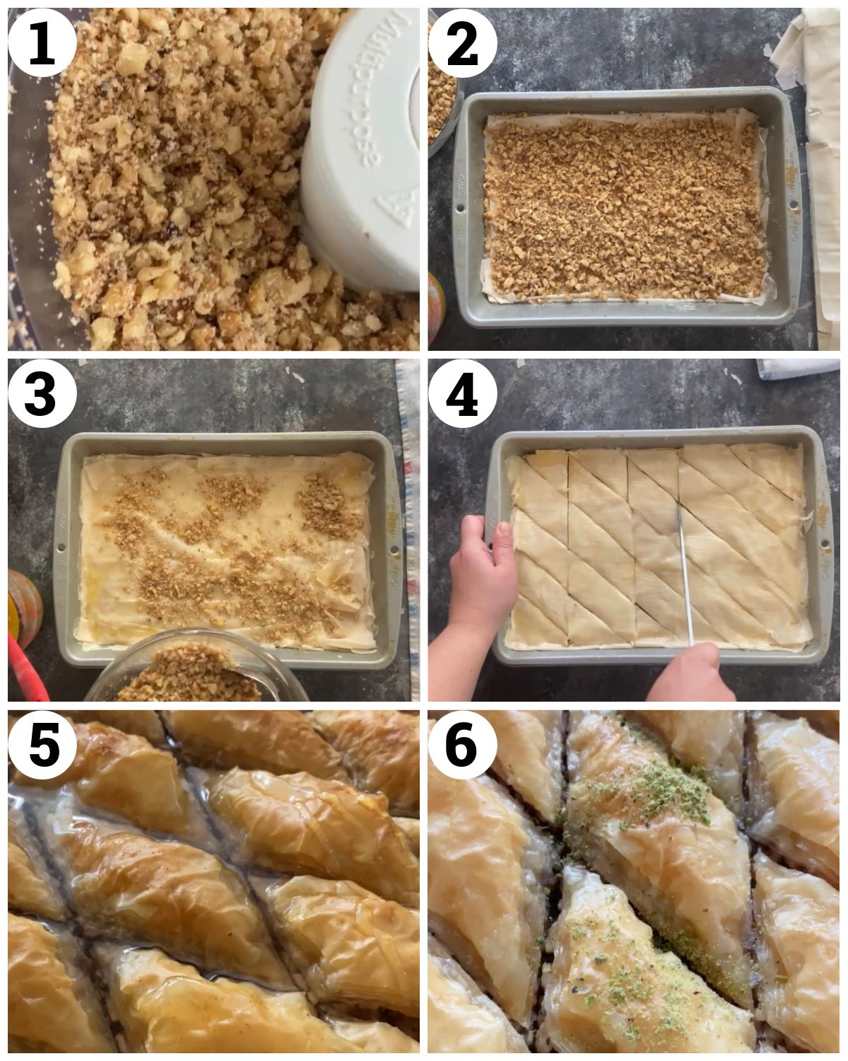 chop the nuts and layer with phyllo dough, melted butter and the nut mix. Bake in the oven and drizzle the cold syrup on hot baklava. 