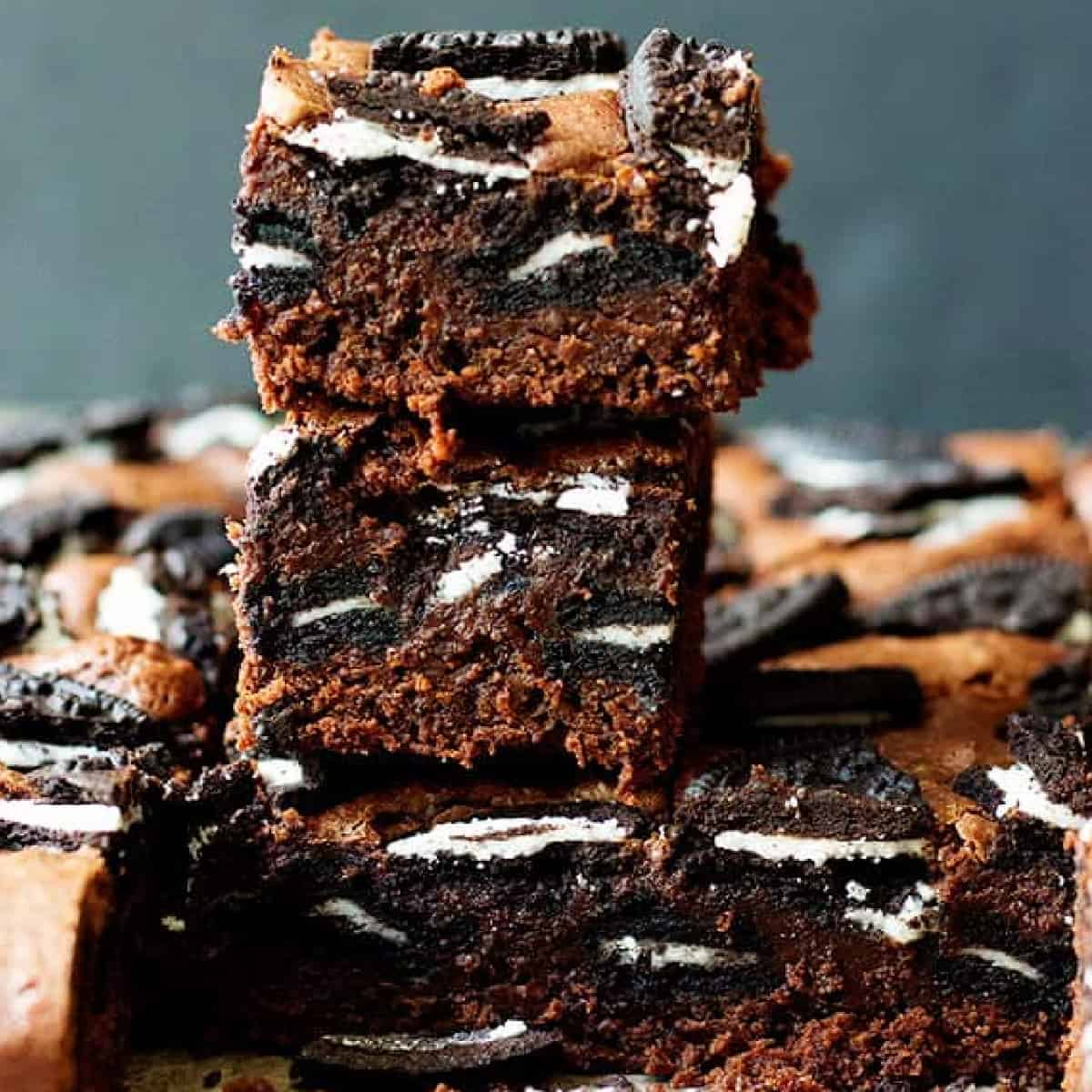 Oreo brownies stacked on top of each other. 