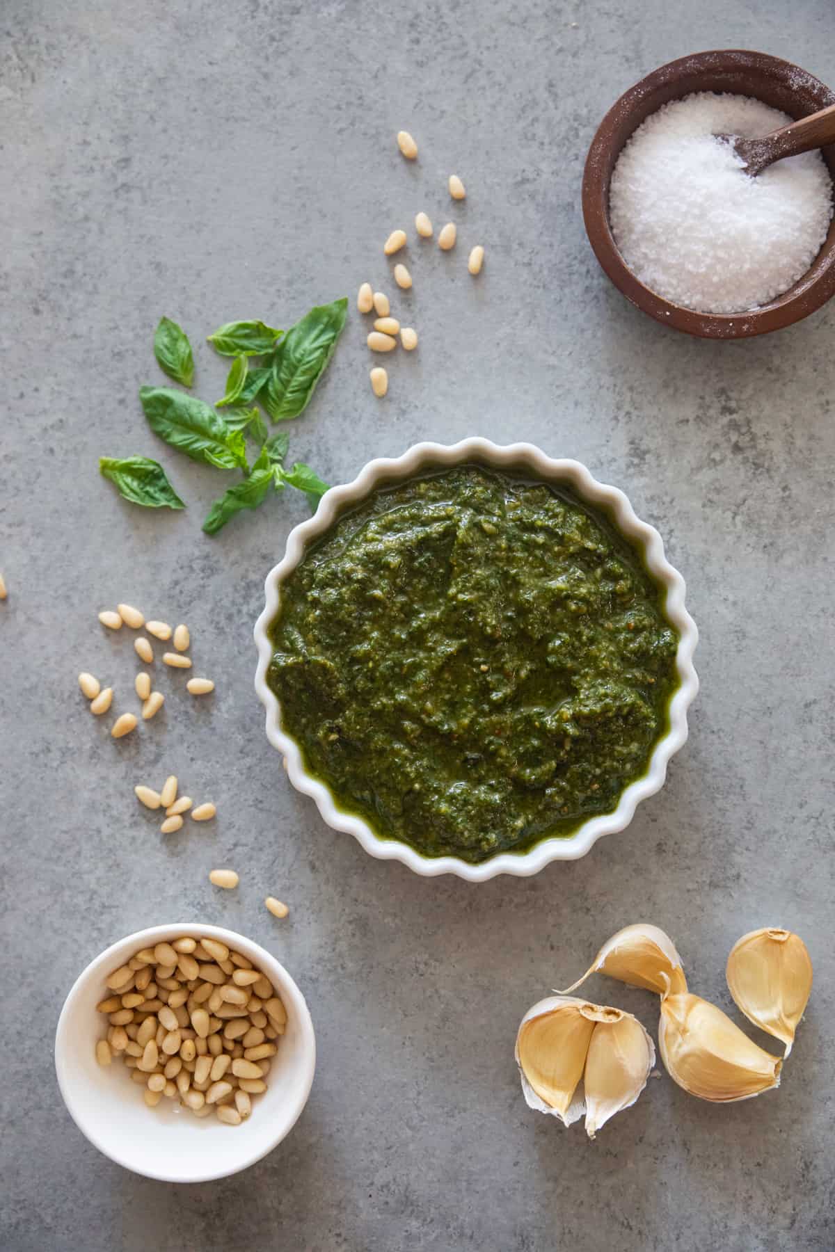 Pesto with salt, garlic and pine nuts. 