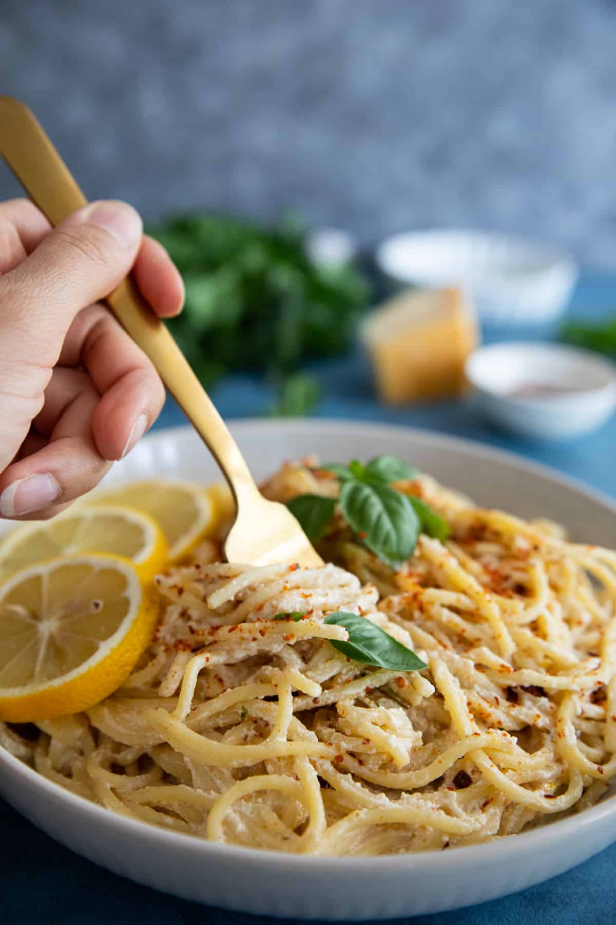 Front shot of lemon ricotta pasta. 