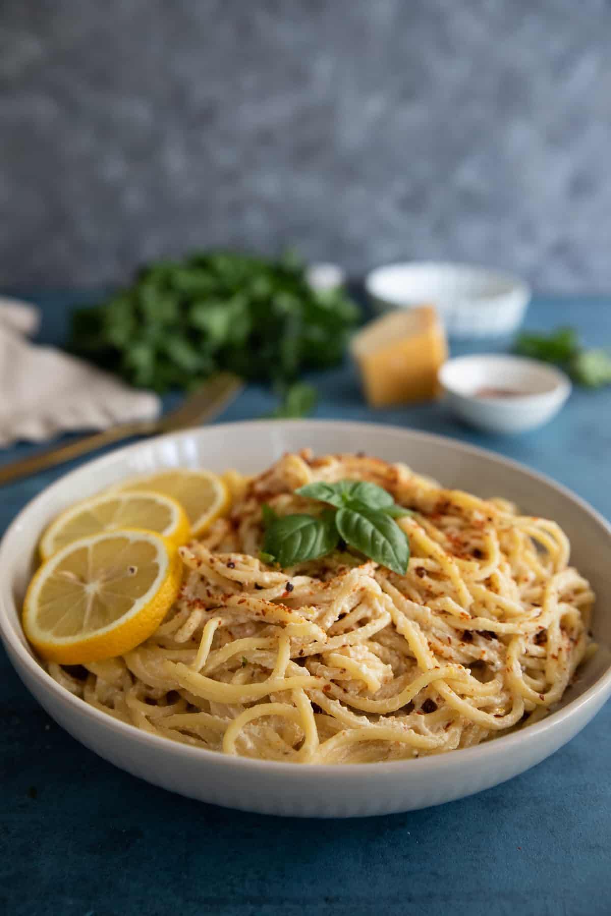 Close up shot of pasta with ricotta. 