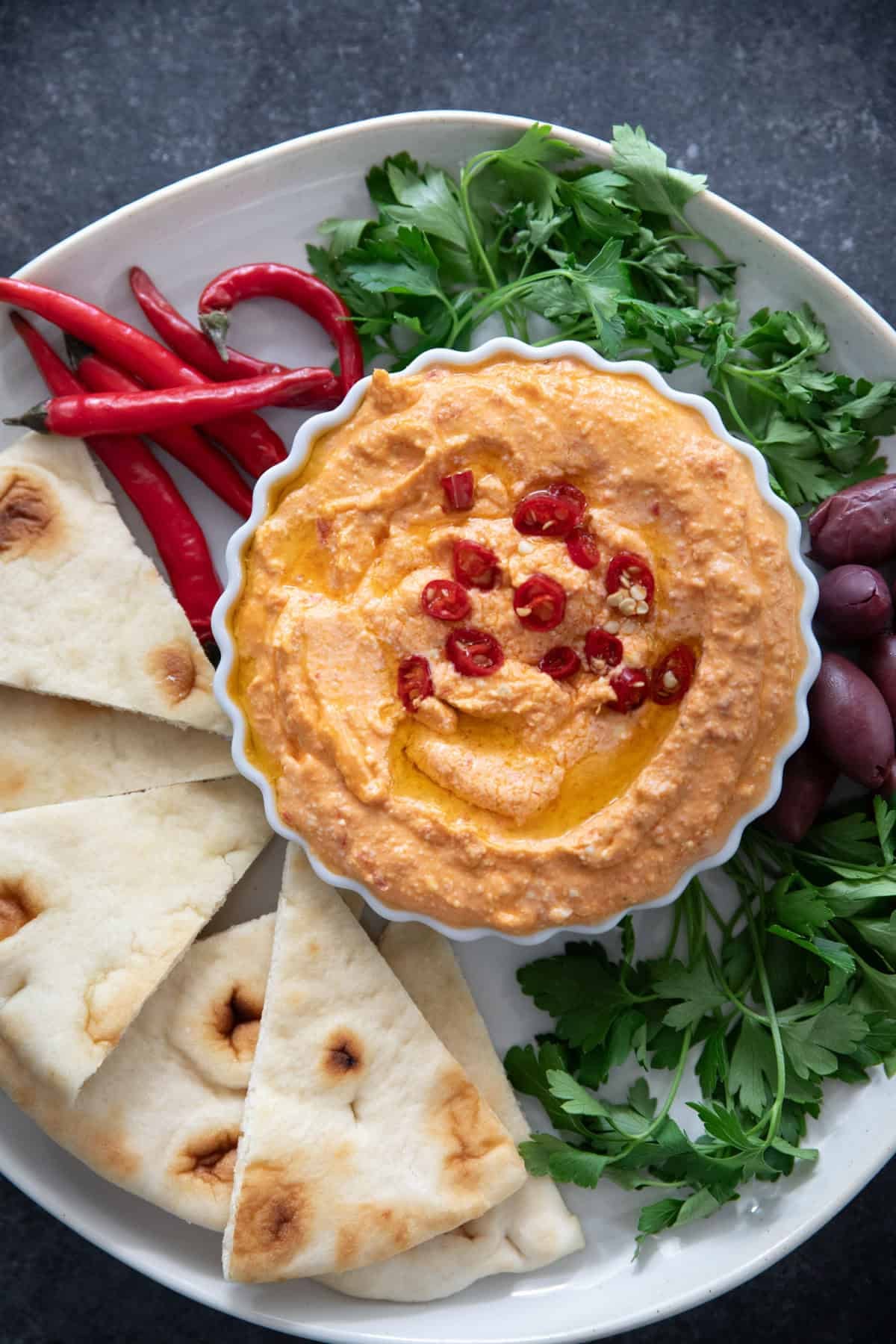 A platter of tirokafteri spicy Greek feta dip.