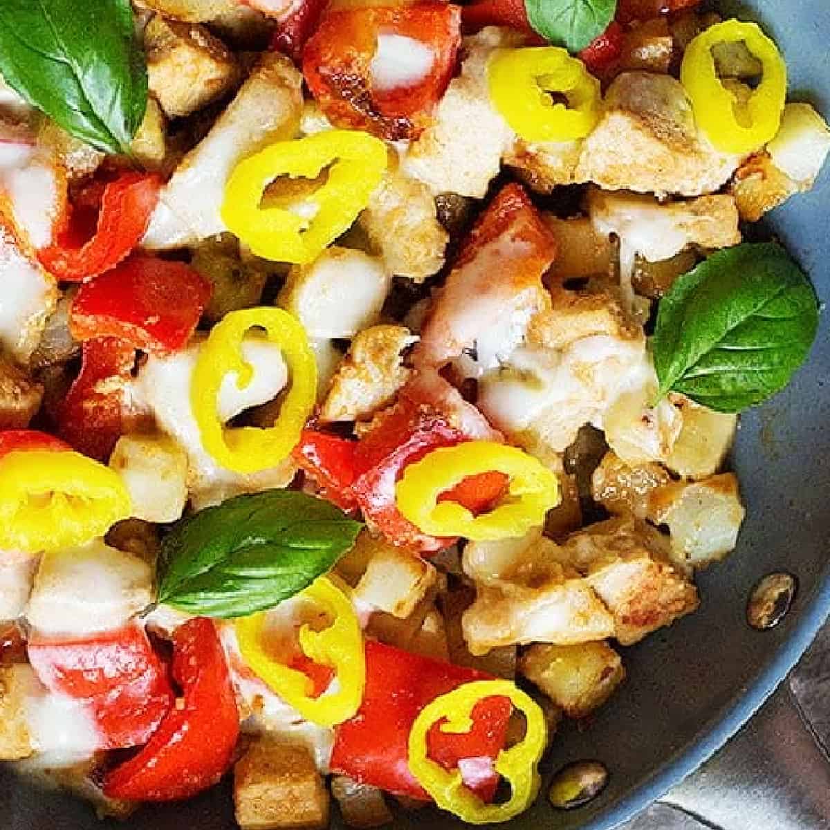This one pan 5-ingredient chicken skillet is perfect for weeknight dinners as it comes together in 30 minutes. The final addition of pepper rings gives a bold flavor to the dish!

