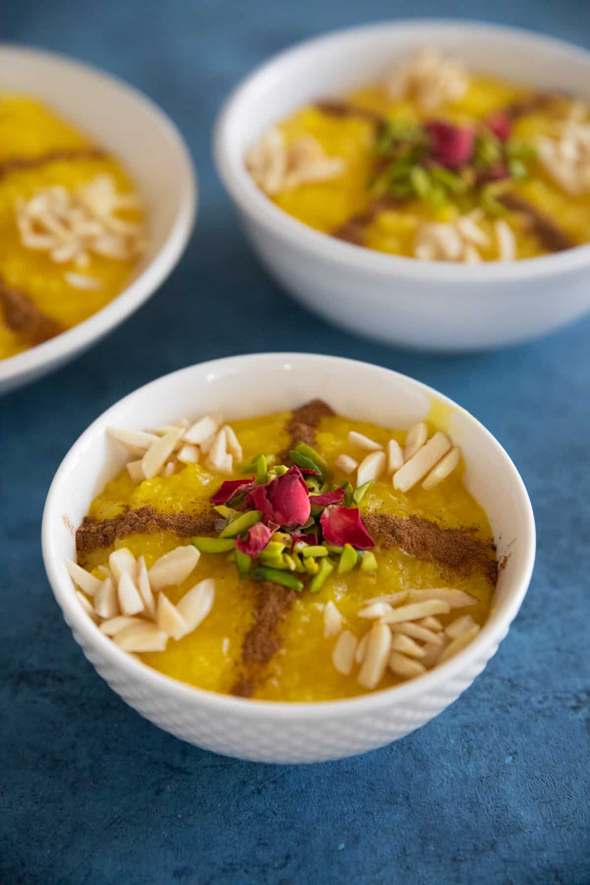 front shot of Persian saffron rice pudding. 