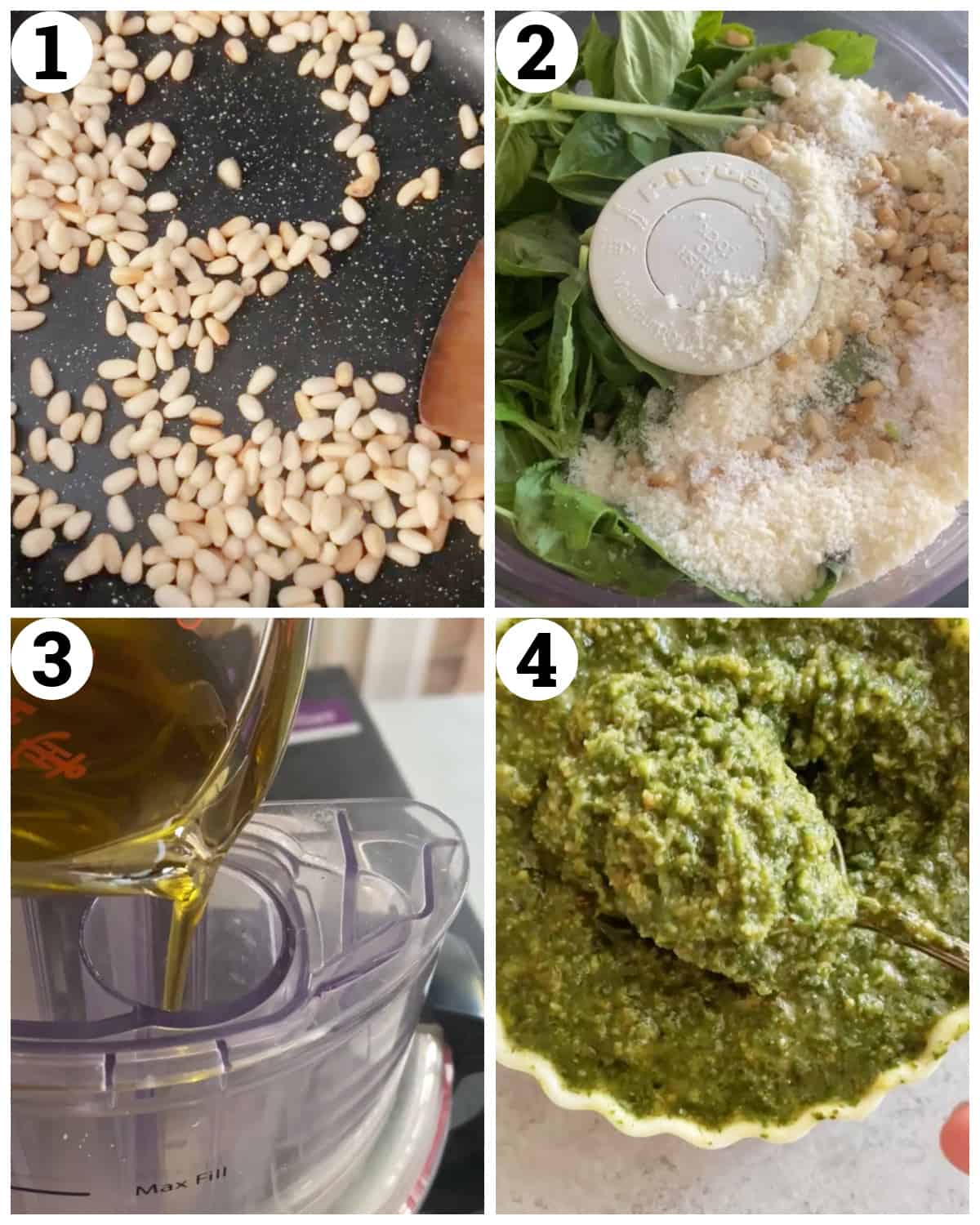 Toast the pine nuts, place in the food processor with basil, parmesan, salt and garlic. Add the olive oil and blend. 