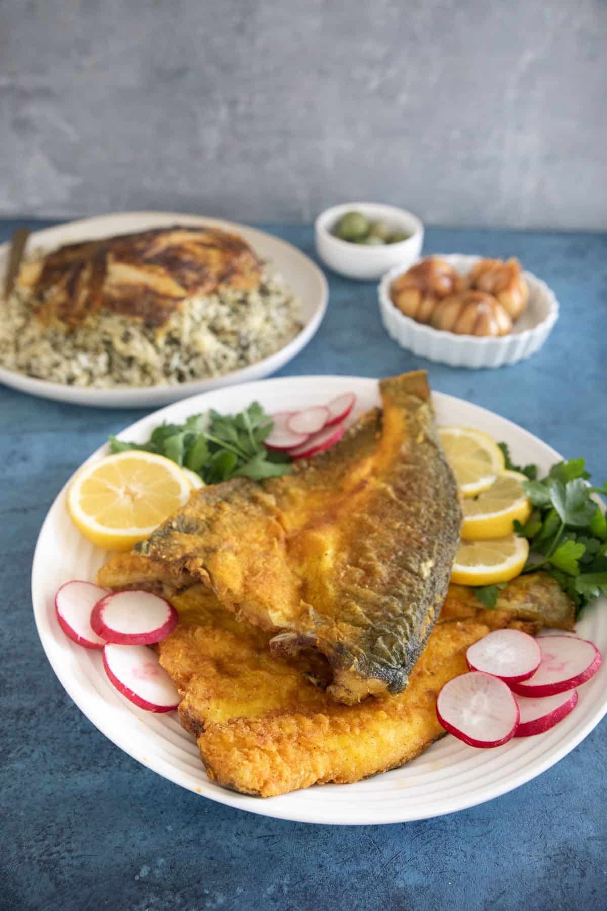 Front shot of fried branzino.