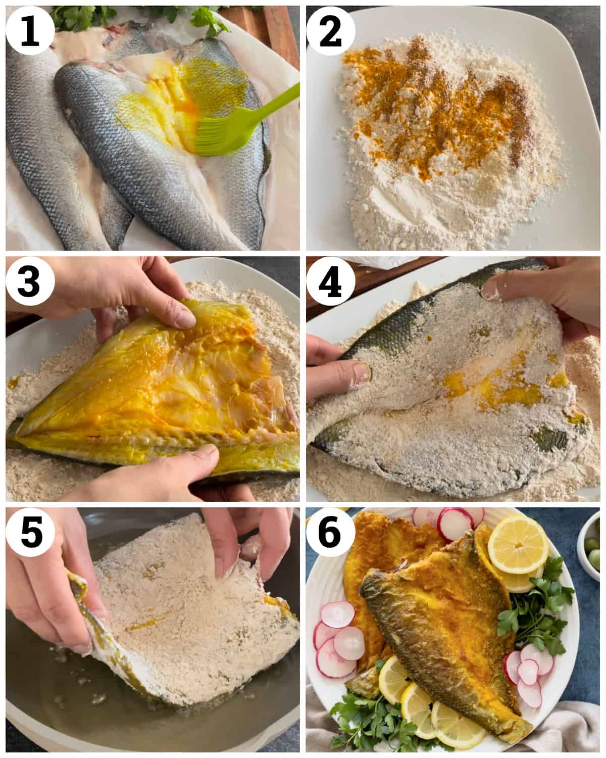 Brush the fish with saffron then mix the flour with spices and dredge the fish in flour and fry in oil. 