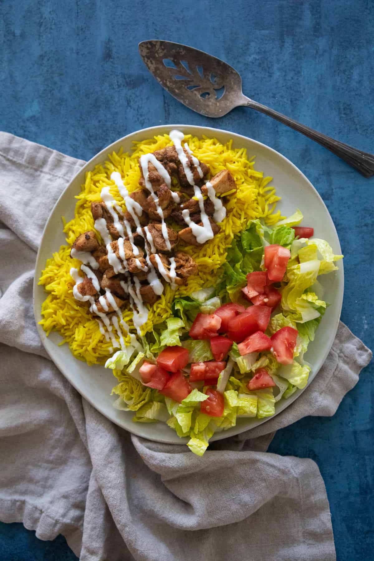 overhead shot of halal cart chicken and rice. 