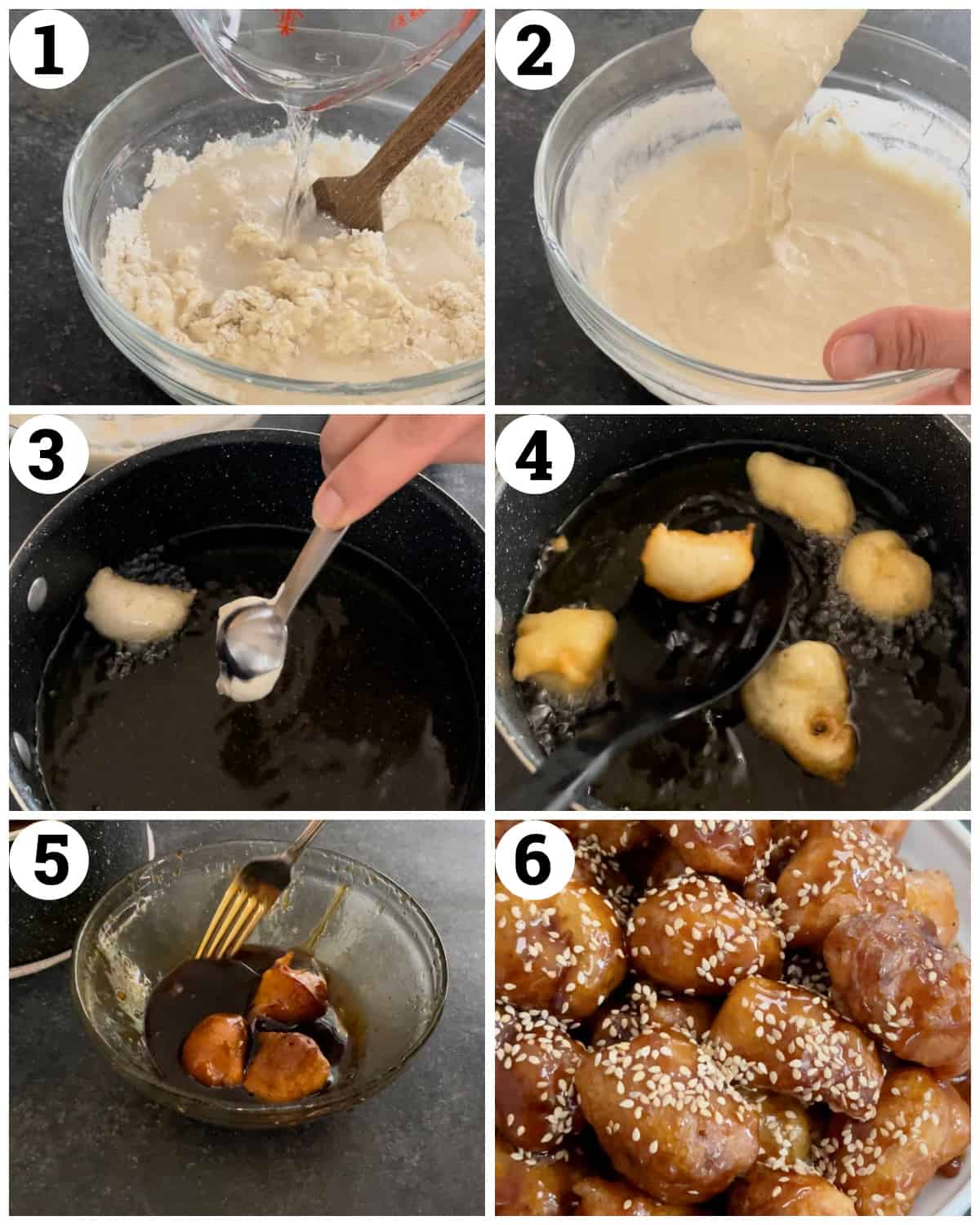 Make the batter and let it proof them drop in the hot oil, fry and toss with the syrup. 