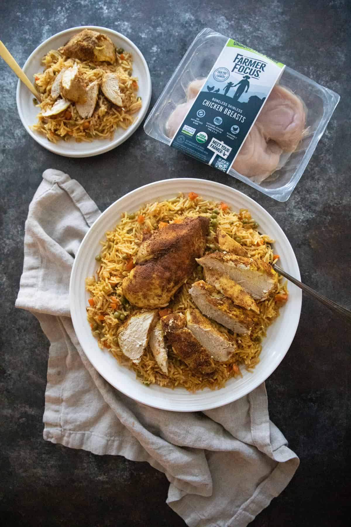 overhead shot of middle eastern one pan chicken and rice. 