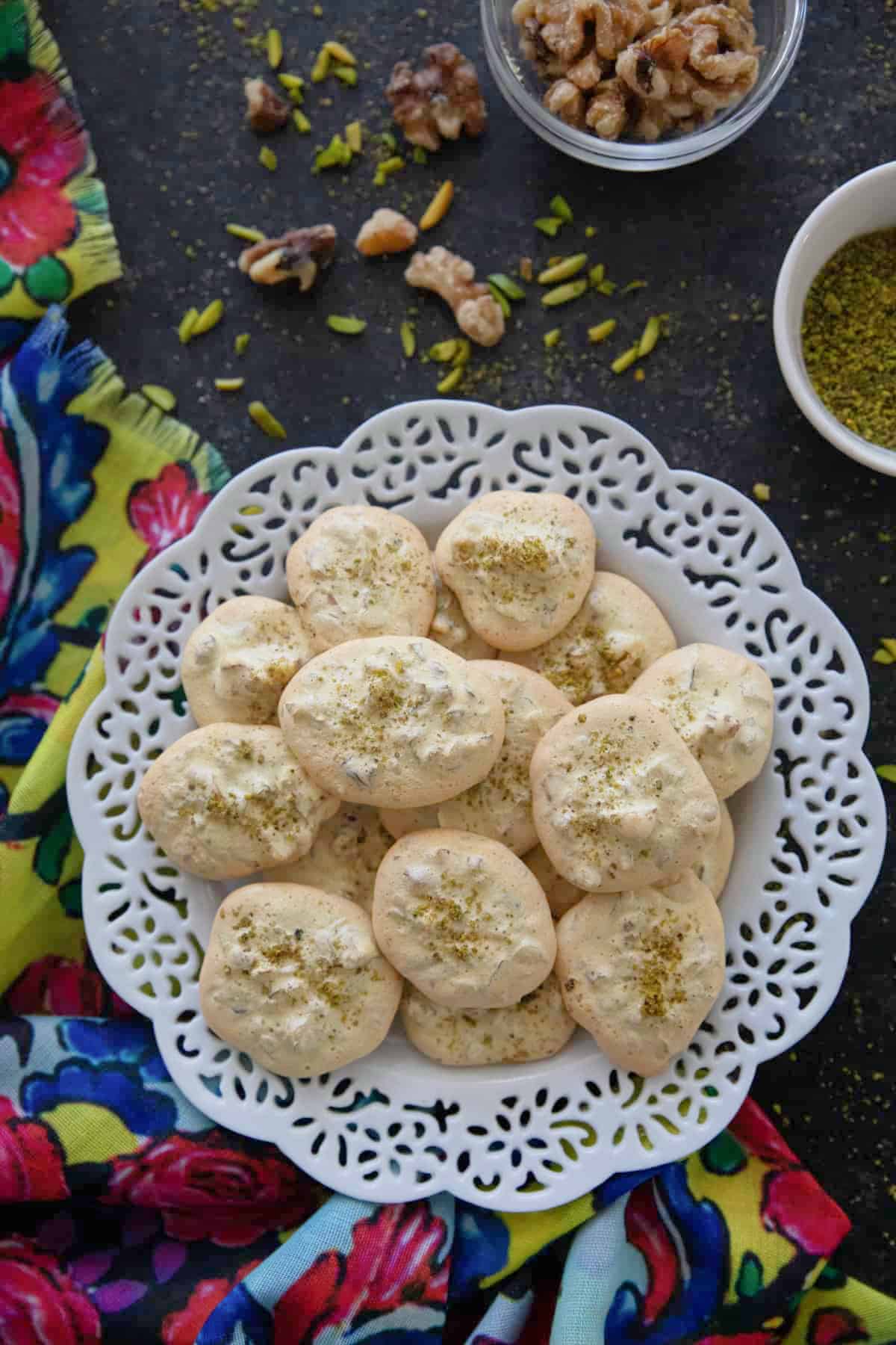 Pofaki gerdooyi Persian walnut cookies on a plate. 