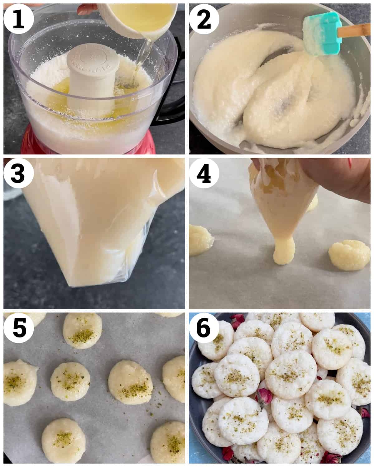 Mix the coconut with egg whites, sugar, and oil then cook the mixture and cool it. Pipe and bake.