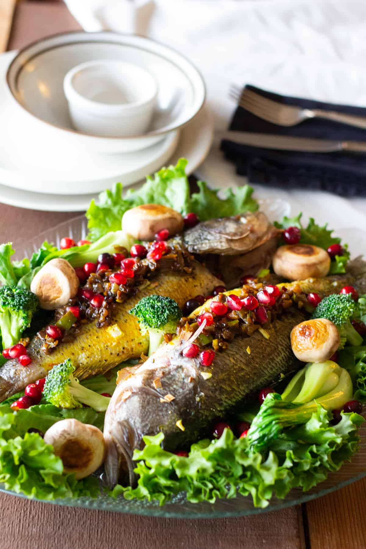 Persian Style stuffed branzino is a very special recipe that's bursting with amazing flavors. The filling includes walnuts and pomegranates which gives it a great crunch and taste!