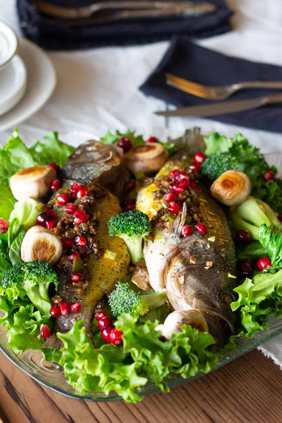 Persian Style stuffed branzino is a very special recipe that's bursting with amazing flavors. The filling includes walnuts and pomegranates which gives it a great crunch and taste!