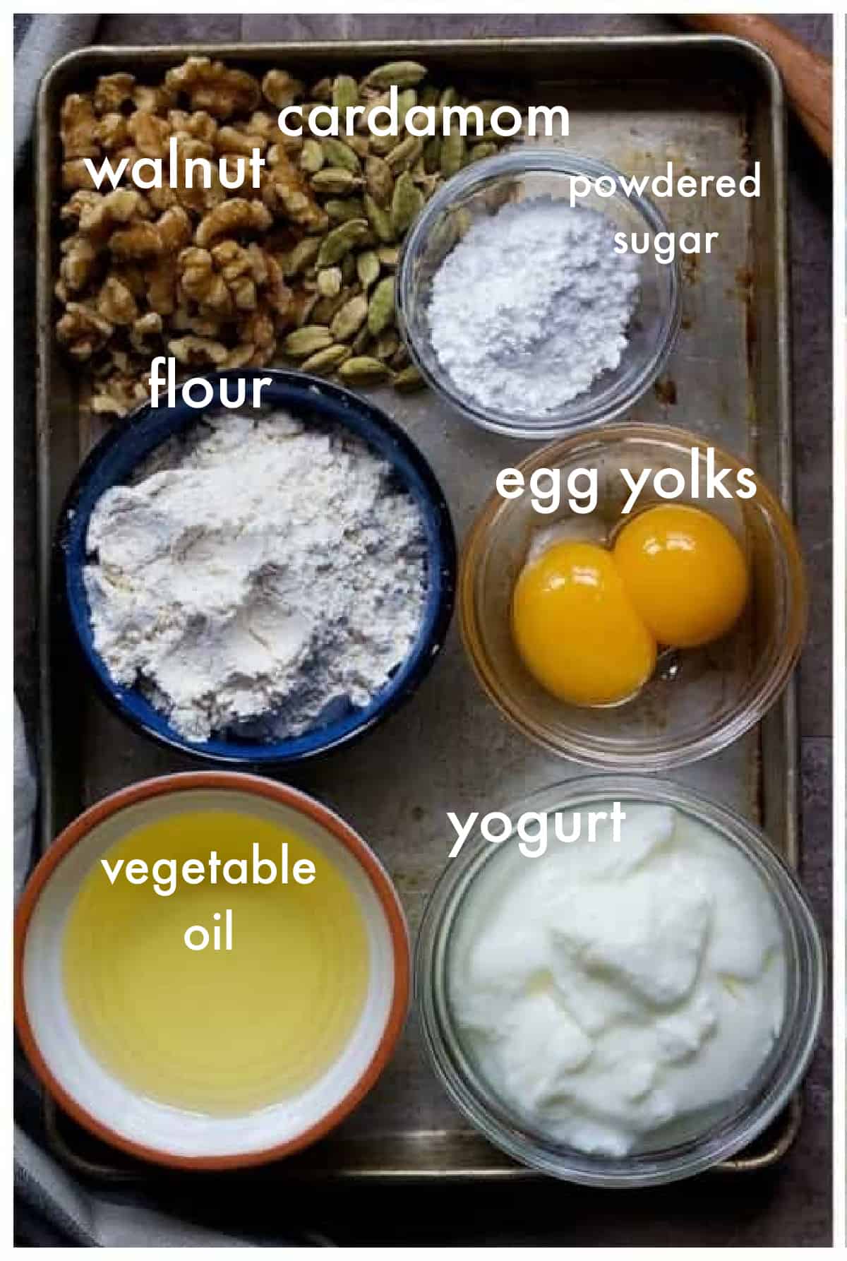 To ake qottab you need flour, egg yolks, powdered sugar, walnuts and yogurt. 