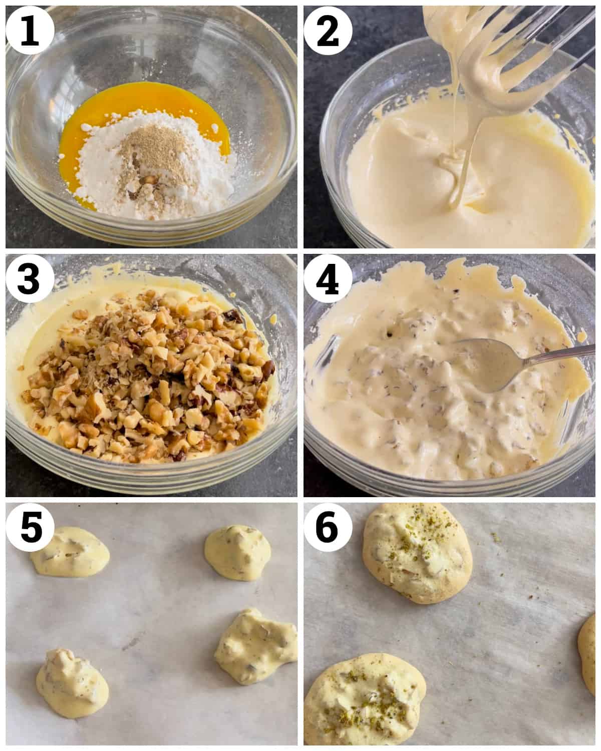 beat the yolks with the powdered sugar, vanilla and cardamom. Fold in the walnuts and drop the cookie mixture on the baking sheet. Bake for 15 minutes. 