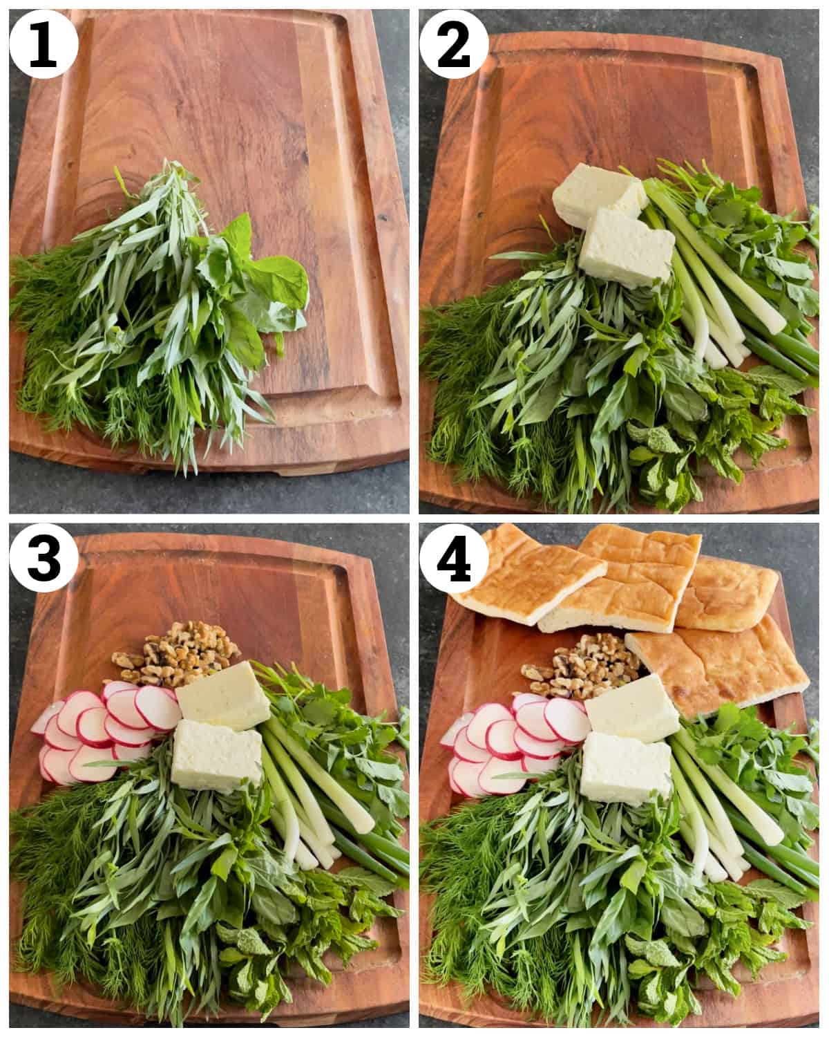 Arrange the herbs, add the cheese and walnuts and fill the board with bread. 