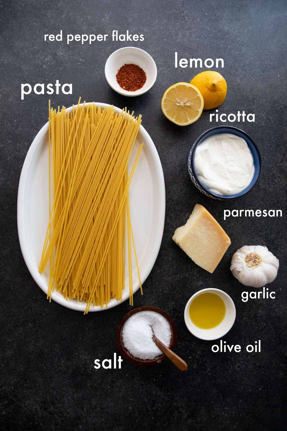 You need pasta, ricotta, olive oil, garlic, lemon juice and salt to make this recipe. 
