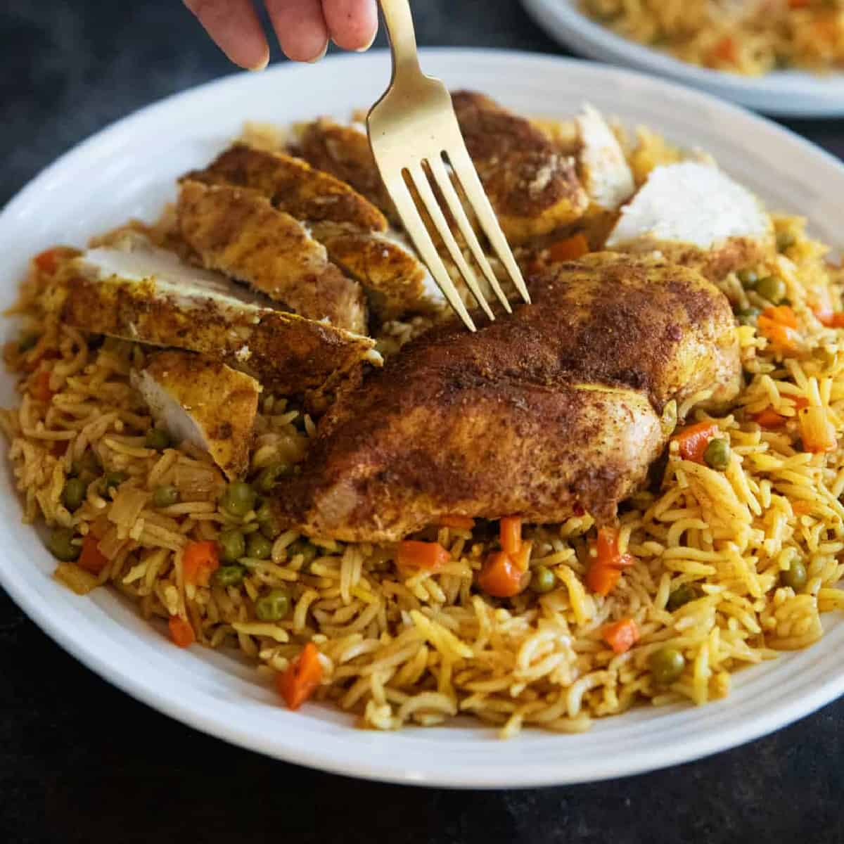 This one pan chicken and rice with Middle Eastern flavors is easy and delicious. The chicken is seasoned with warm spices and the rice is fluffy and tender.
