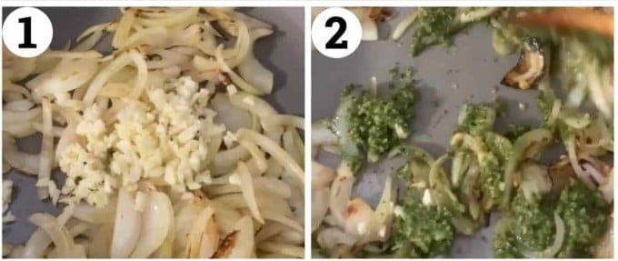 Saute onion and garlic add the pesto and pasta water. Cook the pasta and add to the sauce then toss and serve.