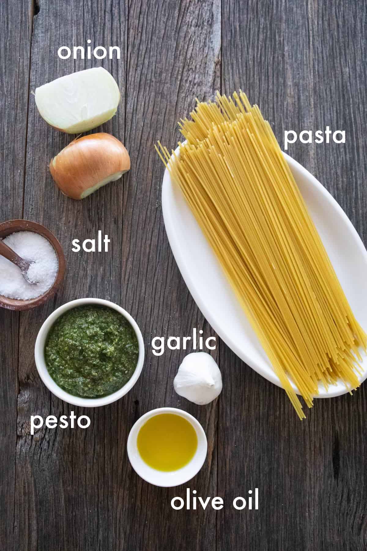 To make this dish you need pesto, pasta, garlic, olive oil and onion.