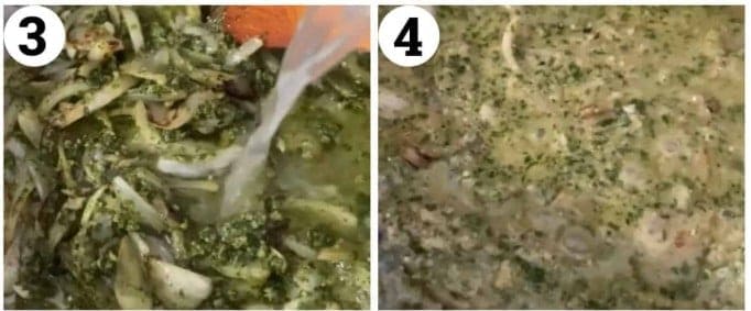 Saute onion and garlic add the pesto and pasta water. Cook the pasta and add to the sauce then toss and serve.
