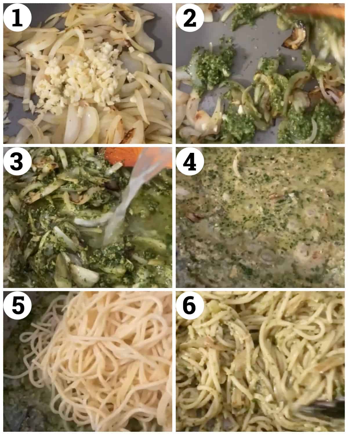 Saute onion and garlic add the pesto and pasta water. Cook the pasta and add to the sauce then toss and serve.