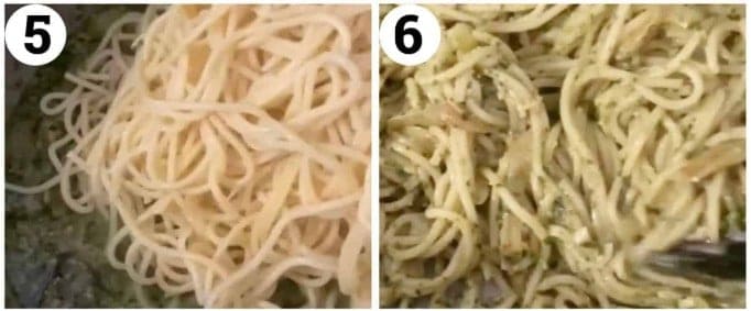 Saute onion and garlic add the pesto and pasta water. Cook the pasta and add to the sauce then toss and serve.