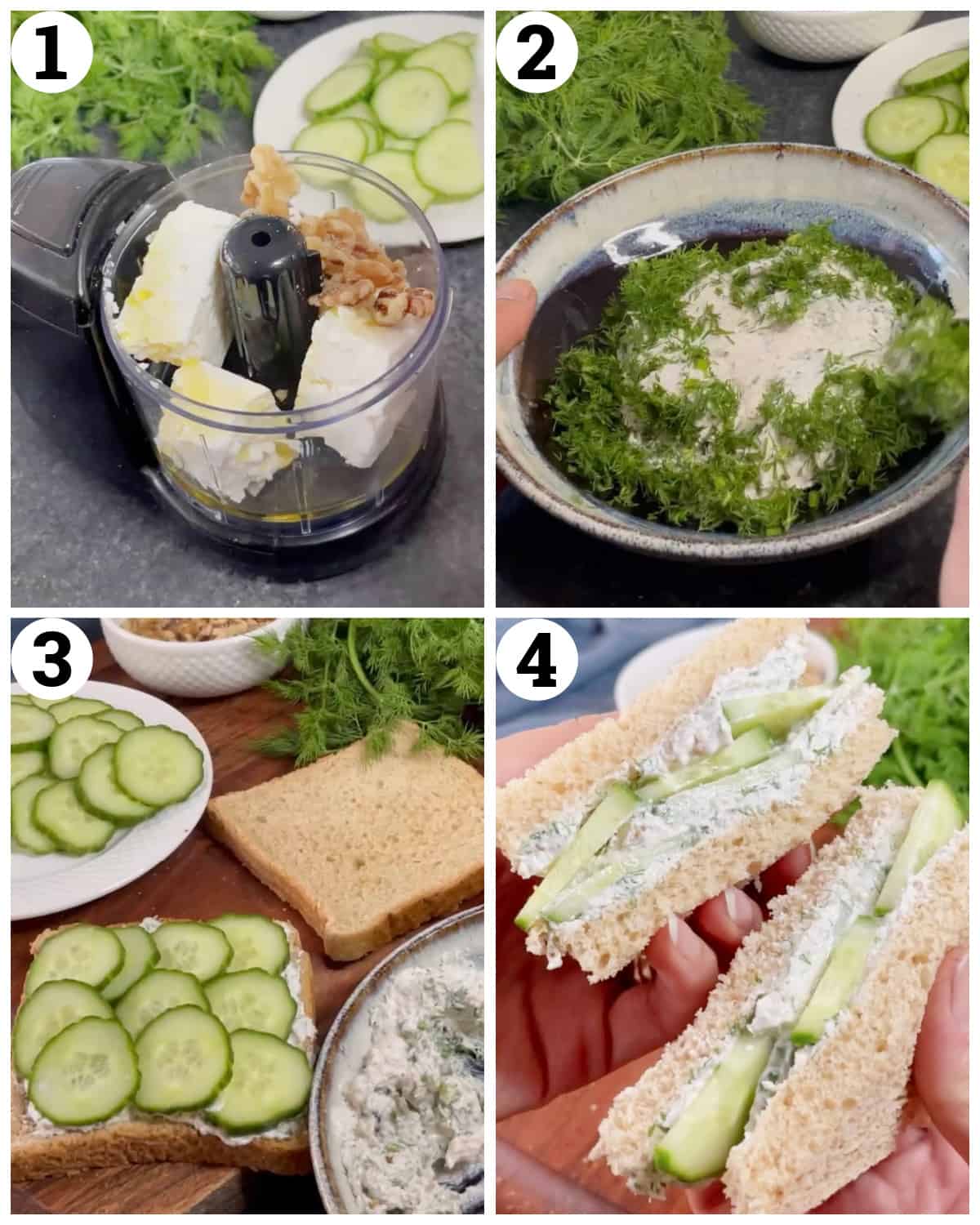 Mix the cheese and walnut with the herbs. Spread on bread slices and top with cucumbers and cut into triangles. 