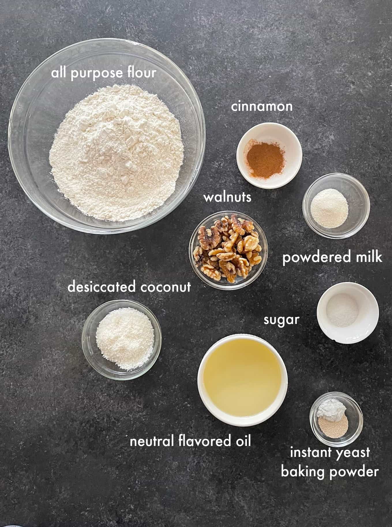 to make atayef or qatayef you need flour, yeast, sugar, baking powder, water, walnuts, cinnamon and oil. 
