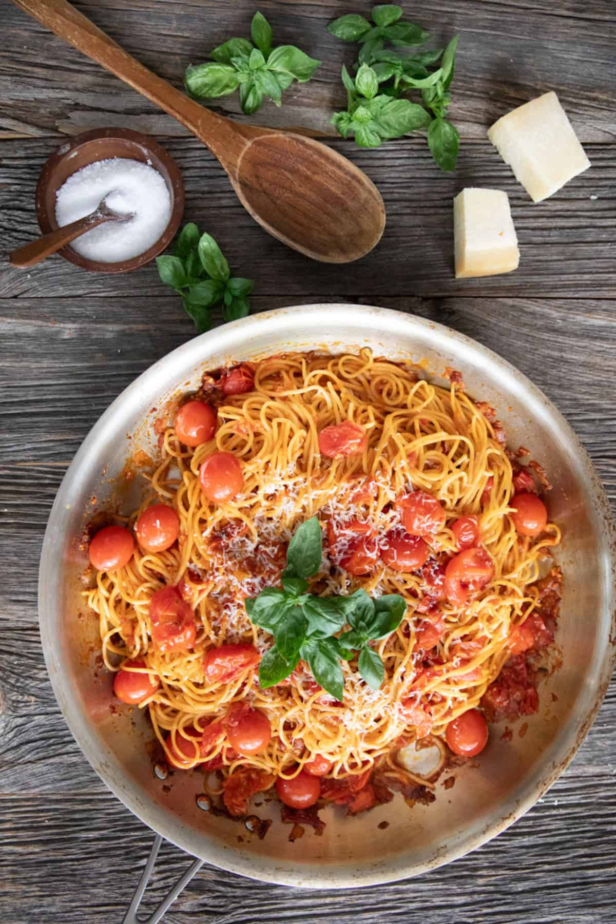 Cherry tomato pasta in a pan. 
