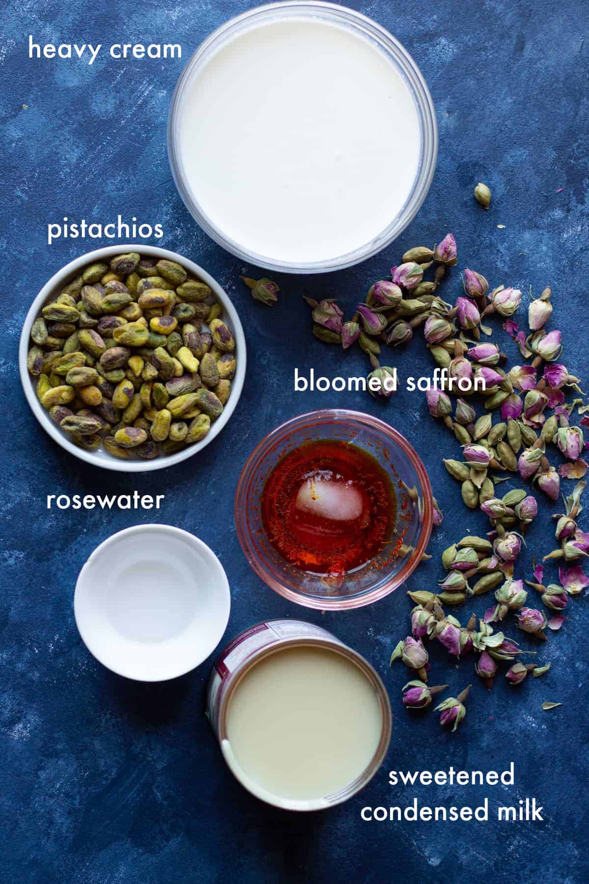 Ingredients to saffron ice cream bastani sonnati are sweetened condensed milk, saffron, rosewater, heavy whipping cream and pistachios.